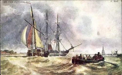 Künstler Ak Hall, F., On the Zuyder Zee, Segelschiffe, Ruderboot
