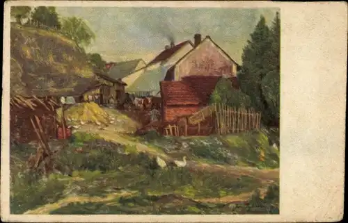 Künstler Ak Rysava Kacirkova, Jozka, Dorfpartie, Bauernhof, Stroh, Gänse