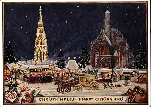 Künstler Ak Schiener, K., Nürnberg, Christkindles Markt, Weihnachtsmarktbuden, Postkutsche