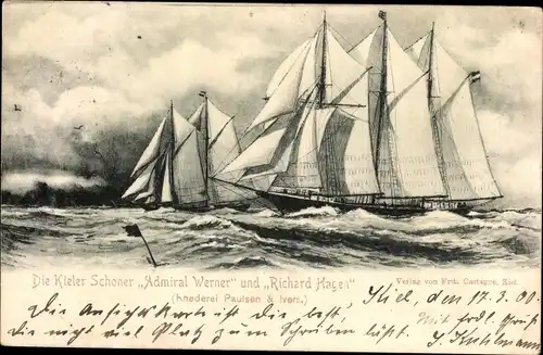 Ak Segelschiffe, Kieler Schoner Admiral Werner und Richard Hagen, Rhederei Paulsen & Ivert
