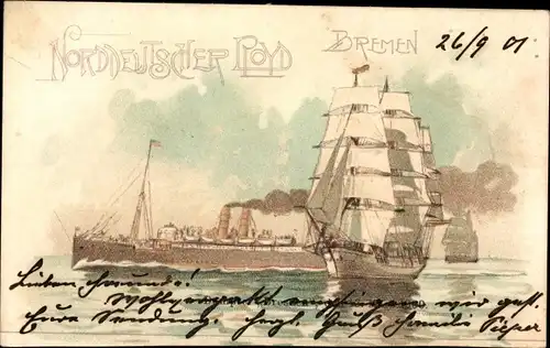 Litho Dampfschiff und Segelschiff, Norddeutscher Lloyd Bremen