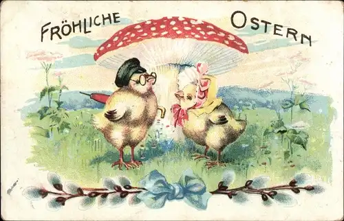 Ak Glückwunsch Ostern, Küken, Pilz, Weidenkätzchen