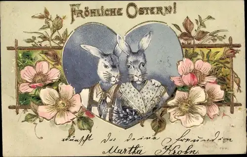 Litho Glückwunsch Ostern, Osterhasen, Blumen