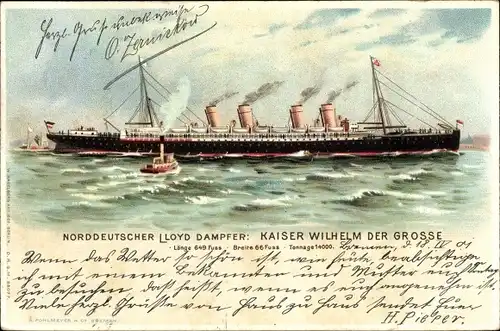 Litho Dampfschiff Kaiser Wilhelm der Große, NDL