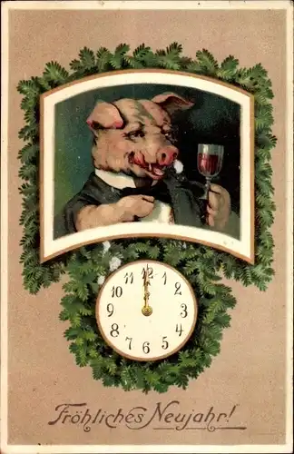 Ak Glückwunsch Neujahr, Uhr, Schwein mit Sekt