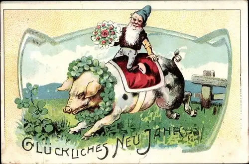 Präge Ak Glückwunsch Neujahr, Schwein, Zwerg, Glücksklee