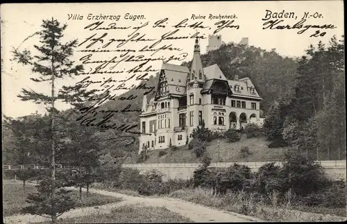 Ak Baden in Niederösterreich, Villa Erzherzog Eugen, Ruine Rauheneck