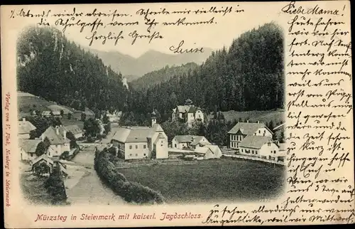 Ak Mürzsteg Steiermark, Blick auf den Ort mit kaiserlichem Jagdschloss