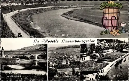 Ak Wasserbillig Luxemburg, La Moselle Luxembourgeoise, Grevenmacher, Remich, Kiepe, Trauben
