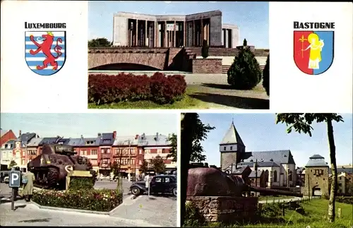 Ak Bastogne Wallonien Luxemburg, Denkmal, Panzer, Kirche, Massardon Memorial