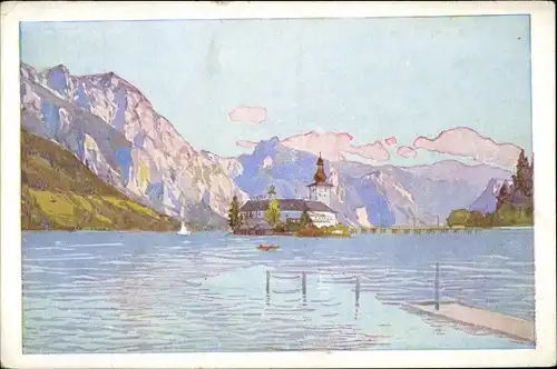 Künstler Ak Scheiring, L., Ort Orth Gmunden am Traunsee Oberösterreich, Schloss Ort, Panorama