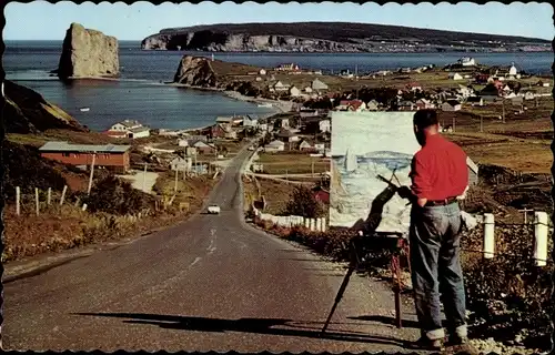 Ak Percé Québec Kanada, Gesamtansicht, Maler mit Staffelei