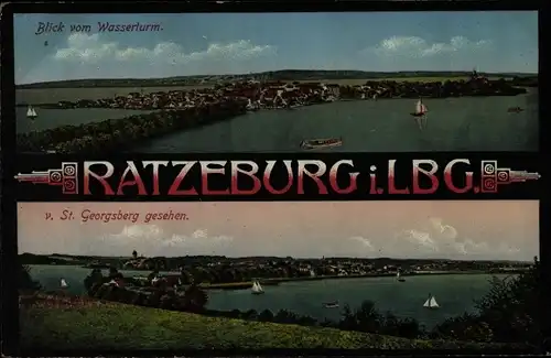 Ak Ratzeburg im Herzogtum Lauenburg, Totalen vom Wasserturm und vom St. Georgsberg aus