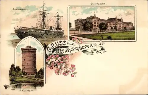 Litho Wilhelmshaven in Niedersachsen, Artillerieschiff SMS Mars, Große Kaserne, Wasserturm