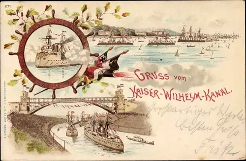 Litho Ak Hansestadt Kiel, Gruß vom Kaiser-Wilhelm-Kanal, Flaggen, Salutschuß, Kieler Woche