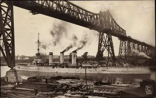 Ak Deutsches Kriegsschiff, SMS Köln, Kleiner Kreuzer, Rendsburger Hochbrücke