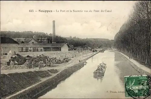 Ak Souppes Seine et Marne, Le Port, La Sucrerie vus du Pont du Canal