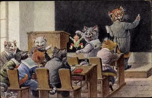 Künstler Ak Thiele, Arthur, Vermenschlichte Katzen in der Schule, Eine kleine Unterbrechung