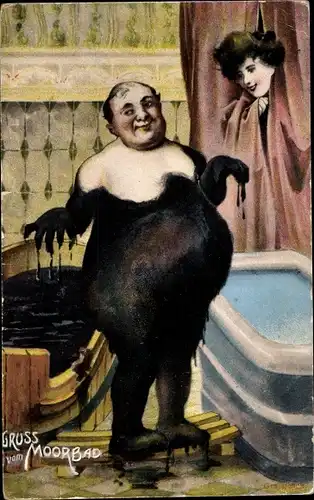 Ak Gruß vom Moorbad, Frau hinter Vorhang, Mann ist aus dem Bad gestiegen