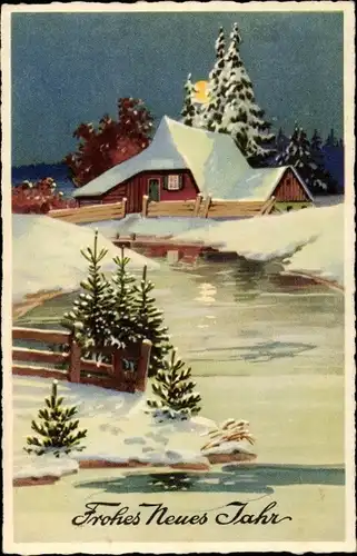 Ak Glückwunsch Neujahr, Winterlandschaft mit Fluss und Haus, Mondschein