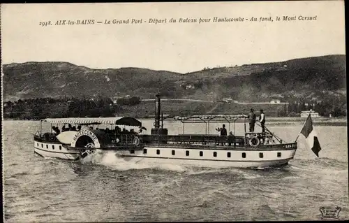 Ak Aix les Bains Savoie, Le Grand Port, Départ du Bateau pour Hautecombe