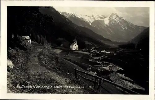 Ak St. Jakob St. Anton am Arlberg in Tirol, Blick auf den Ort mit Parsezer