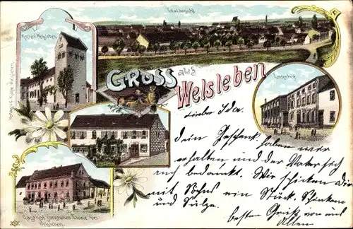 Litho Welsleben Bördeland im Salzlandkreis, Lindenhof, Kirche, Gasthof zur grünen Tanne, Totale