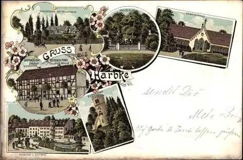 Litho Harbke in Sachsen Anhalt, Kirchturm, Pfarrhaus, Gasthaus Zum goldenen Pudel, Schloss
