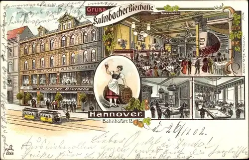 Litho Hannover in Niedersachsen, Kulmbacher Bierhalle, Straßenbahn, Billard, Bahnhofstraße 13