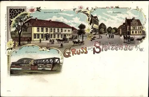 Litho Stolzenau an der Weser, Marktplatz, Hotel, Weserbrücke