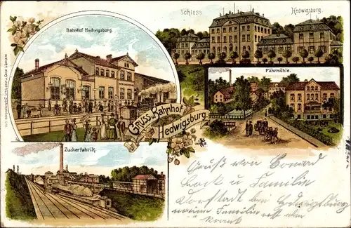 Litho Hedwigsburg in Niedersachsen, Schloss, Fährmühle, Bahnhof, Gleisseite, Zuckerfabrik