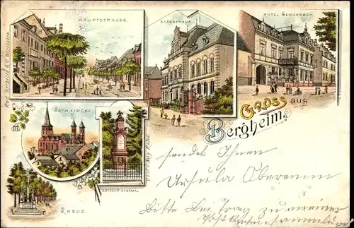 Litho Bergheim an der Erft, Hotel Weidenbach, Ständehaus, Hauptstraße, Kirche, Kriegerdenkmal