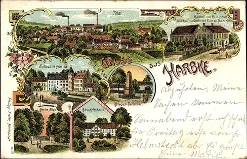 Litho Harbke in Sachsen Anhalt, Gasthof Glückauf zur deutschen Eiche, Schloss, Gewächshaus