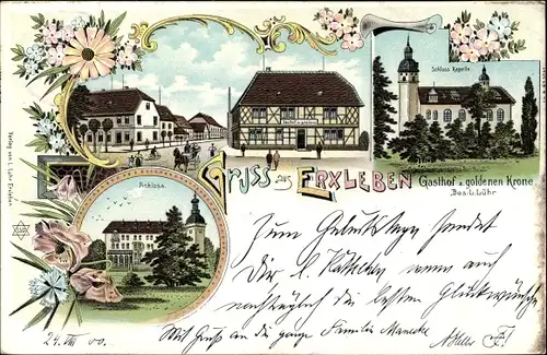 Litho Erxleben Sachsen Anhalt, Gasthof zur goldenen Krone, Schlosskapelle, Schloss