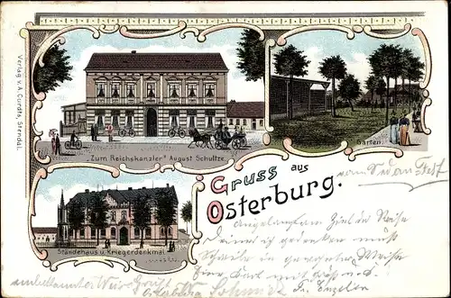 Litho Osterburg in der Altmark, Gasthaus Zum Reichskanzler, Ständehaus, Kriegerdenkmal