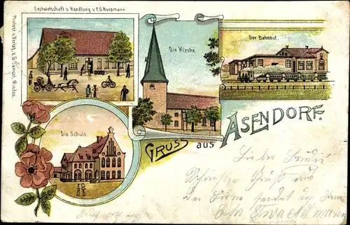 Litho Asendorf in Niedersachsen, Kirche, Bahnhof, Gleisseite, Schule, Gastwirtschaft und Handlung