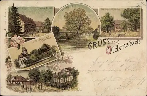 Litho Oldenstadt Uelzen in Niedersachsen, Landratsamt, Kirche, Gastwirtschaft