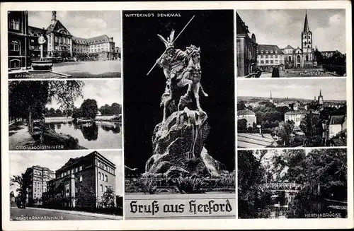 Ak Herford in Westfalen, Wittekind's Denkmal, Rathaus, Krankenhaus, Münsterkirche, Herthabrücke