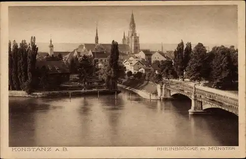 Ak Konstanz am Bodensee, Rheinbrücke mit Münster