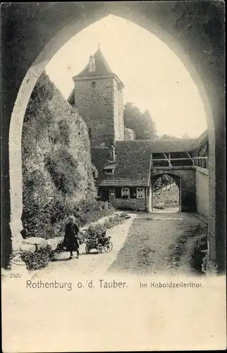 Ak Rothenburg ob der Tauber Mittelfranken, Im Koboldzellerthor, Kind mit Fuhrwerk