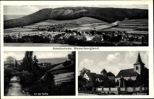 Ak Amelunxen Beverungen im Weserbergland, Gesamtansicht, Ehrenmal, Nethe