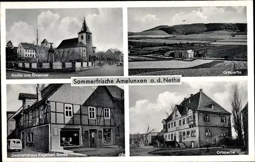 Ak Amelunxen Beverungen im Weserbergland, Gesamtansicht, Kirche, Ehrenmal, Geschäftshaus