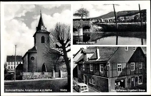 Ak Amelunxen Beverungen im Weserbergland, Kirche, Ehrenmal, Geschäftshaus