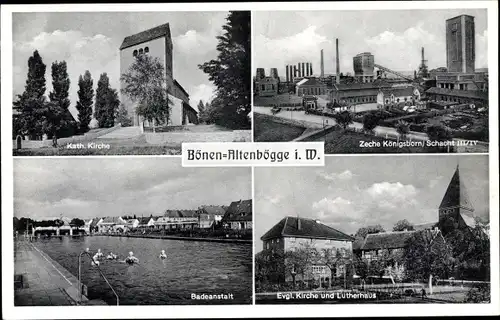 Ak Altenbögge Bönen in Westfalen, Zeche Königsborn, Badeanstalt, Kath. Kirche, Ev. Kirche