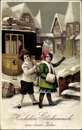 Ak Glückwunsch Neujahr, Kinder vor einer Postkutsche