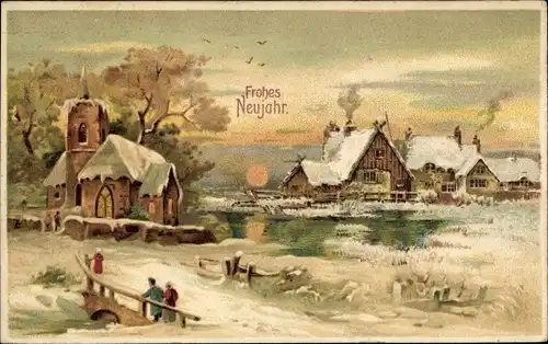 Litho Glückwunsch Neujahr, Winterlandschaft, Ortschaft, Kirche