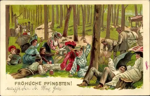 Ak Glückwunsch Pfingsten, Personen bei einem Picknick