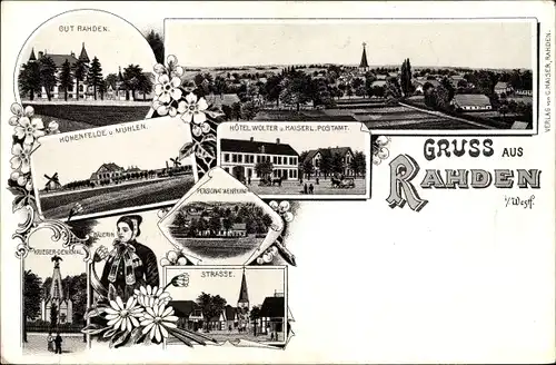 Litho Rahden in Westfalen, Hohenfelde, Mühlen, Gutshof, Hotel Wolter, Postamt, Kriegerdenkmal