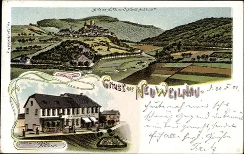 Litho Neuweilnau Weilrod im Taunus, Hotel zur Schönen Aussicht, Blick auf den Ort