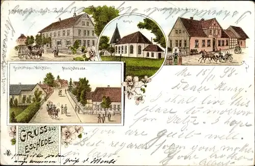 Litho Eschede in der Lüneburger Heide, Geschäftshaus, Marktstraße, Kirche, Gastwirtschaft Salge